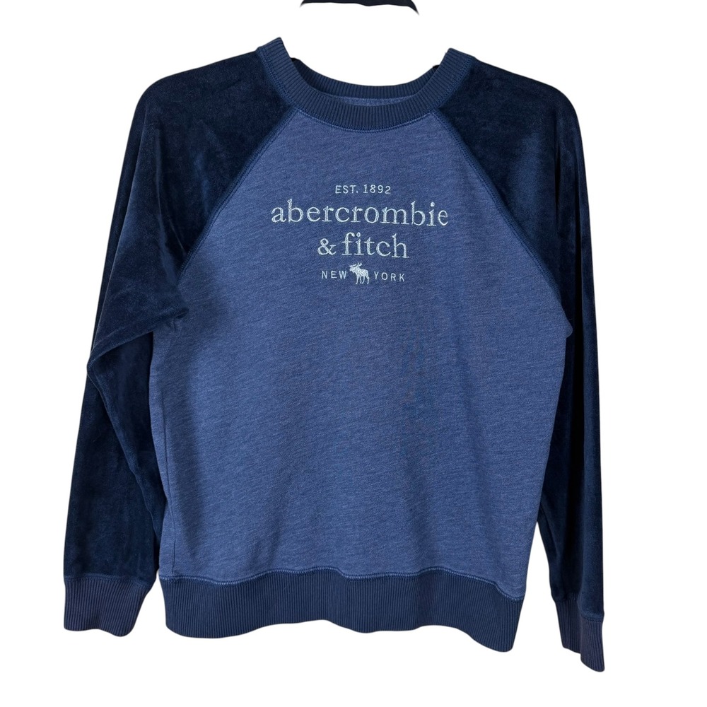 Abercrombie Kids Sweatshirt Boys Size 11/12 Navy Blue Velour Sleeves